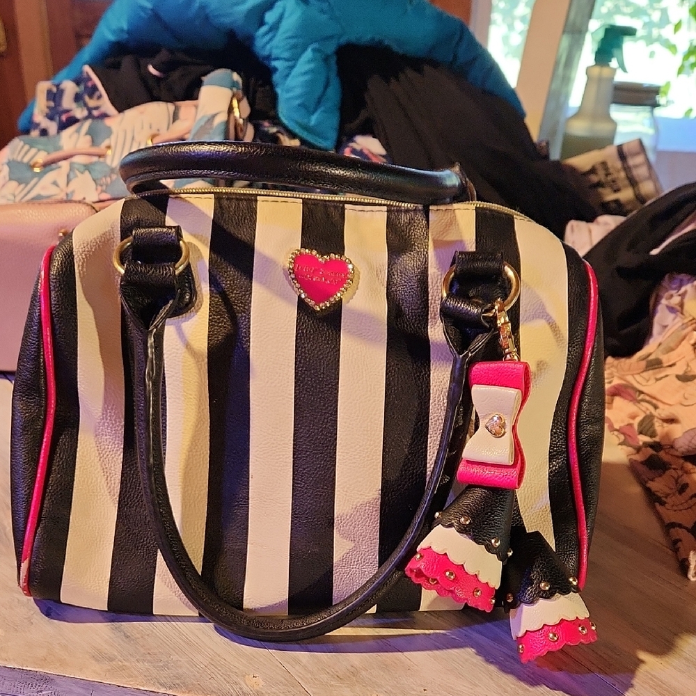 Betsey Johnson Black Satchel with Bold Stripes and Gold Accents